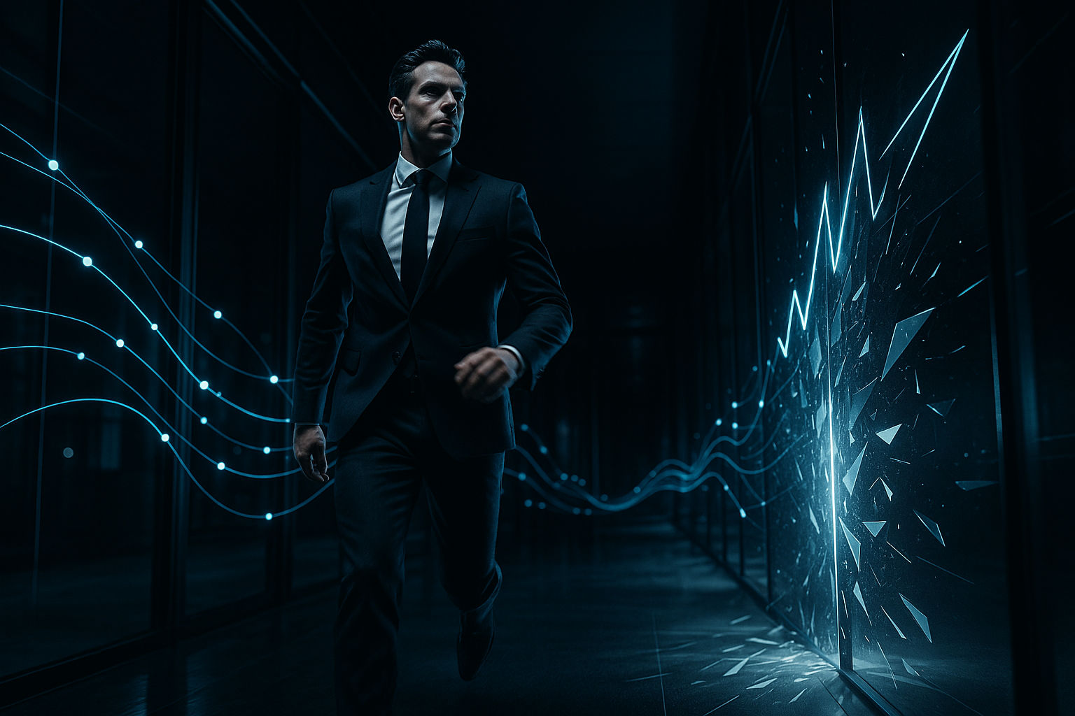 Photorealistic, minimal, tech-forward scene: a sleek, dark glass office corridor at night. A confident sales leader in a tailored suit strides forward